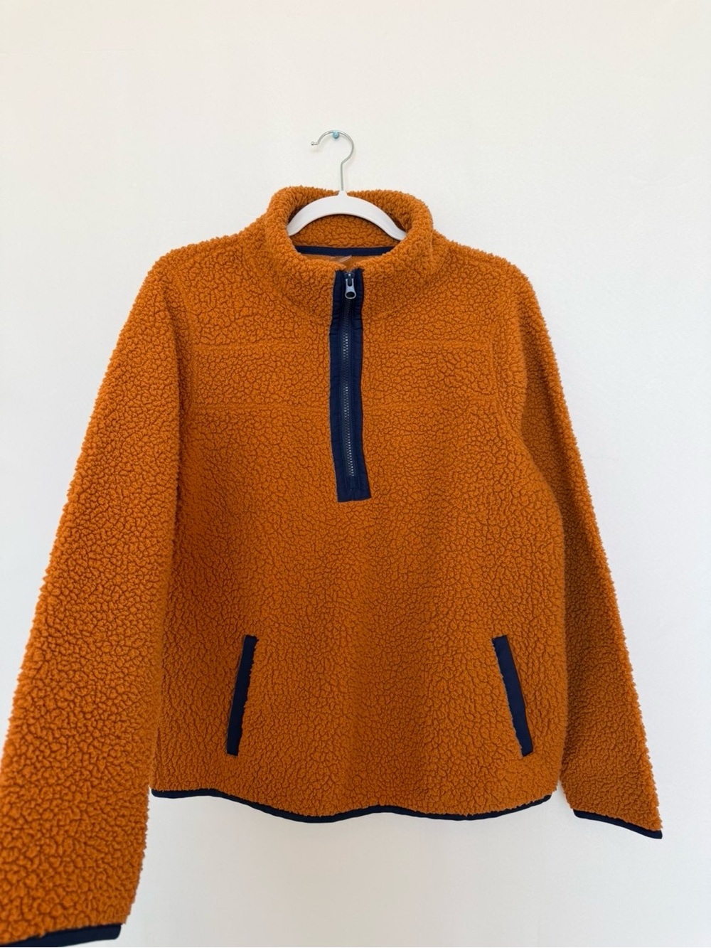 Gorpcore Sherpa Teddy Quarter Zip Pullover Rust Orange Navy Trim